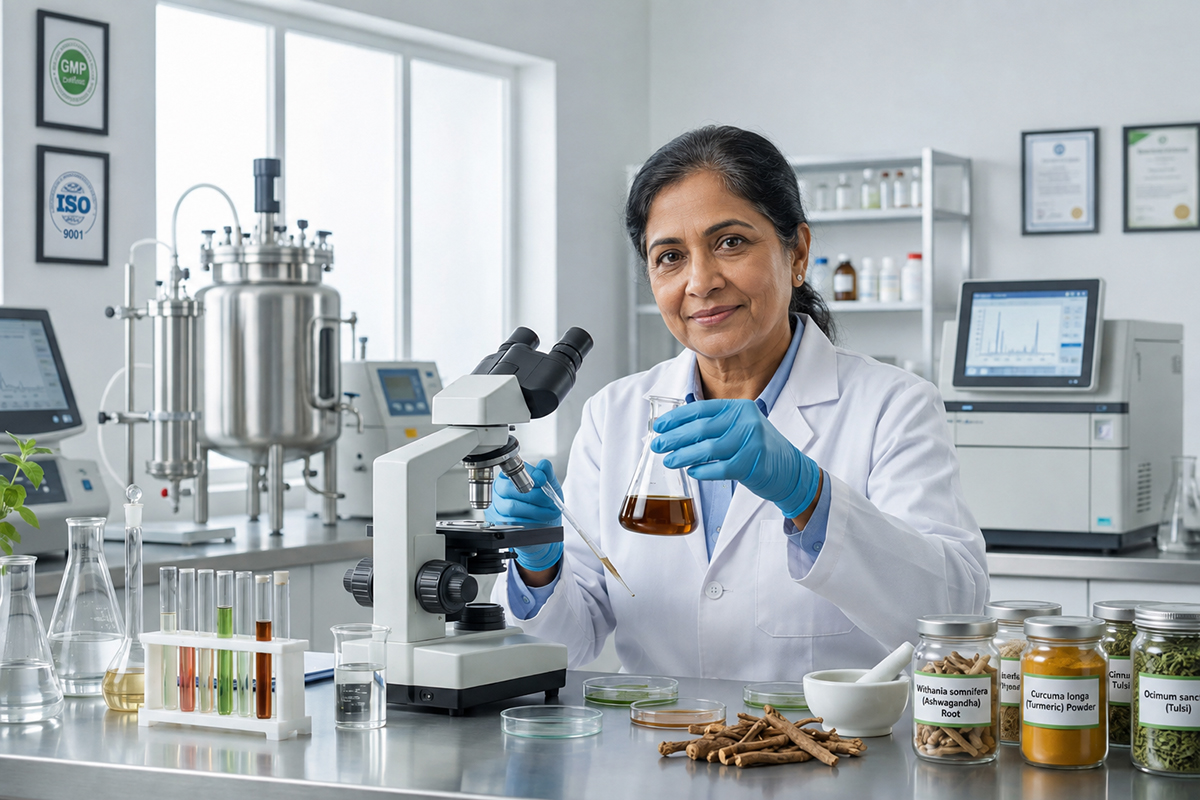 Quality testing in an Ayurvedic manufacturing laboratory